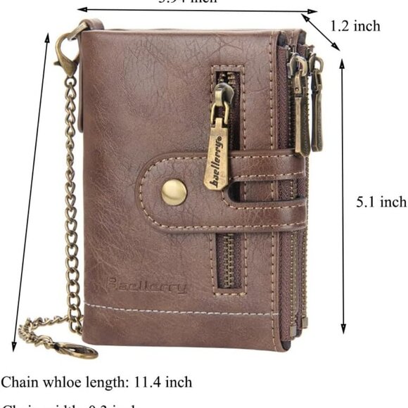 Men Chain Wallet PU Faux Leather Bifold Wallet for Men Double Zipper Coin Pocket - Picture 3 of 4